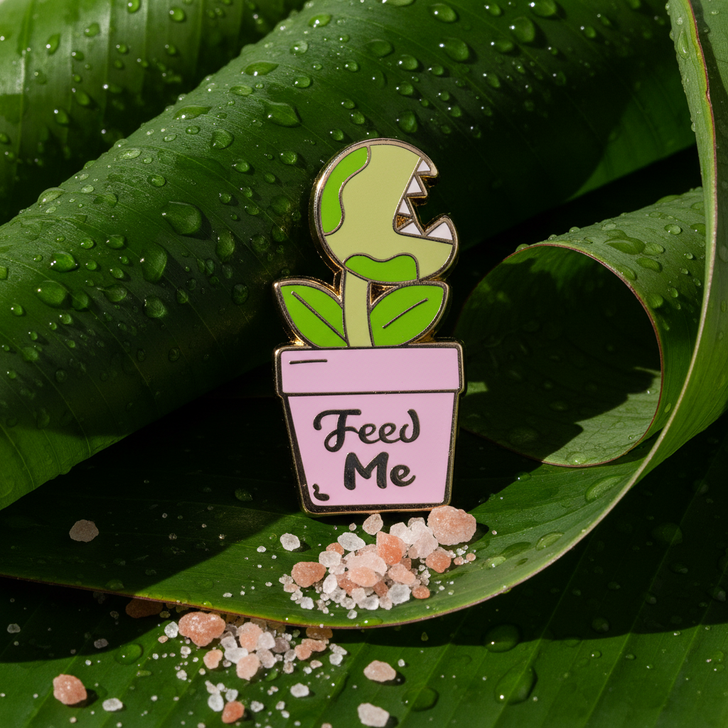 Feed Me enamel pin depicting a toothy potted plant with pink pot and salt crystals