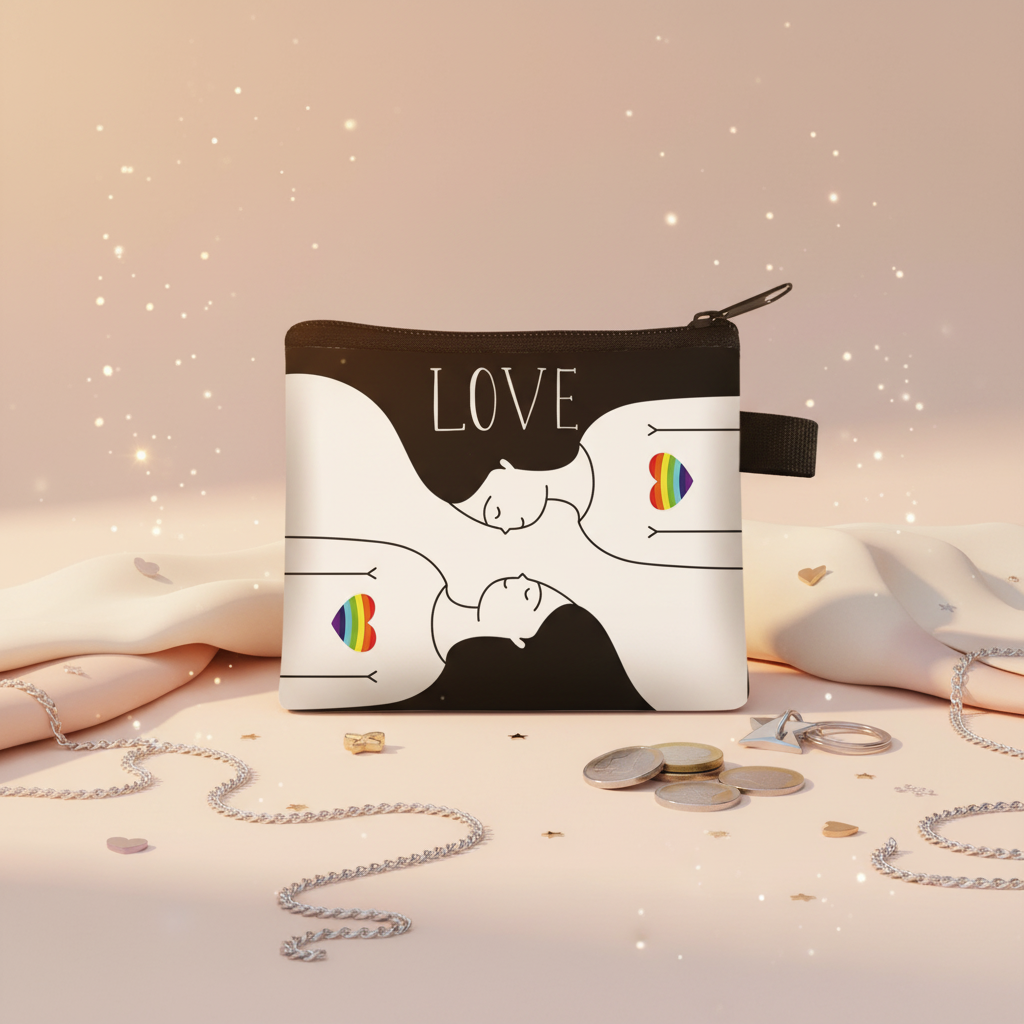 “LOVE” coin purse with two embracing figures and rainbow hearts