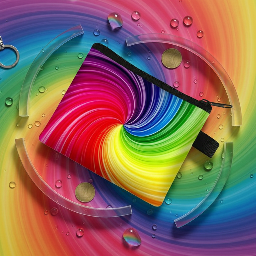 Rainbow swirl coin purse with black zipper and wrist strap, surrounded by coins