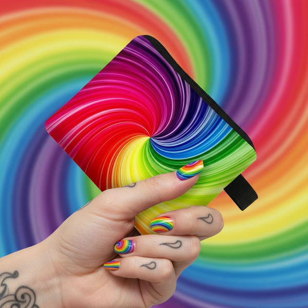 Rainbow swirl LGBT coin purse held in a hand, with a black wrist strap