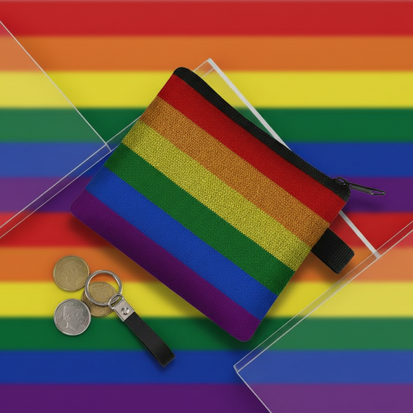Rainbow-striped LGBT change purse with black zipper, wrist strap, and coins beside it