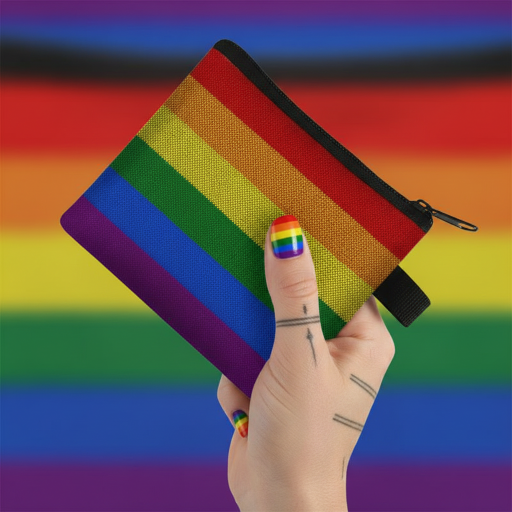 Rainbow-striped LGBT change purse with black zipper, held against a Pride flag background