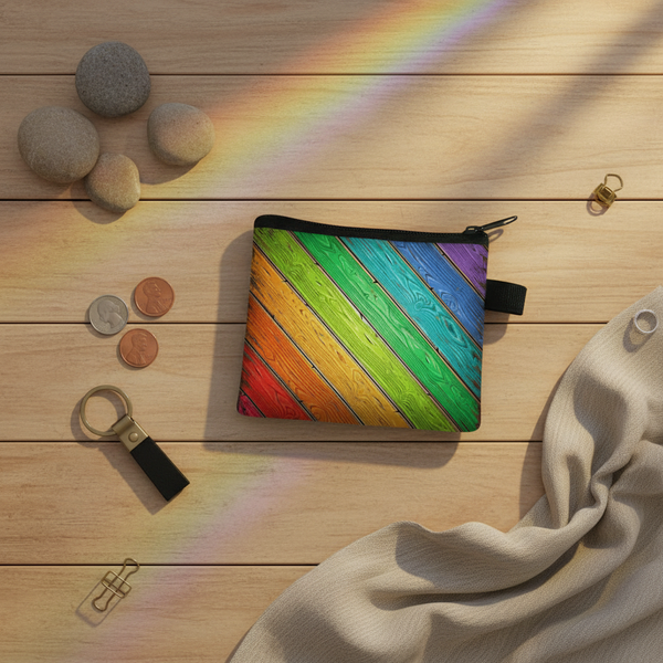 Close-up of a rainbow-striped wooden coin wallet with a black zipper on a wood surface