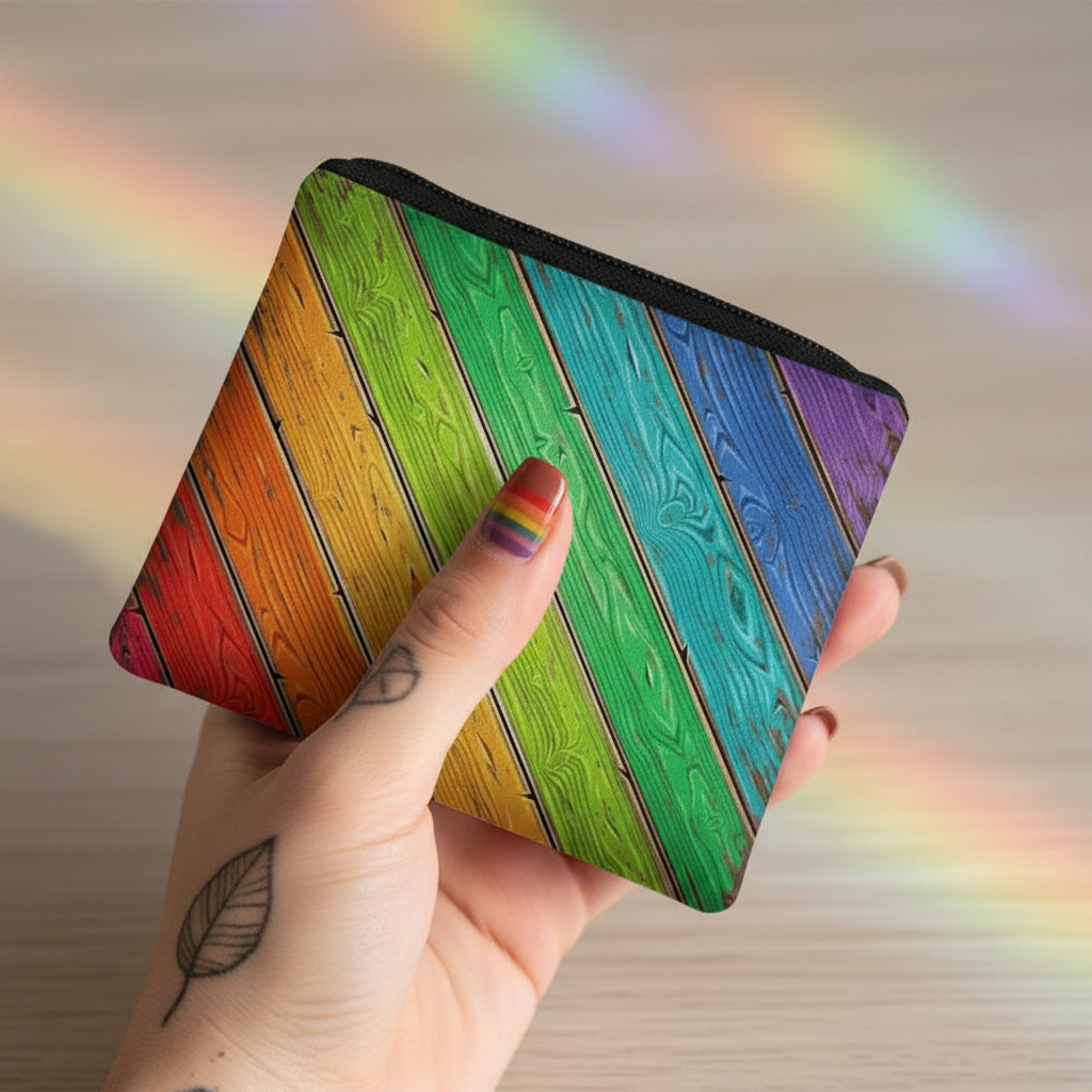 Hand holding a rainbow-striped wood-grain change purse with black trim