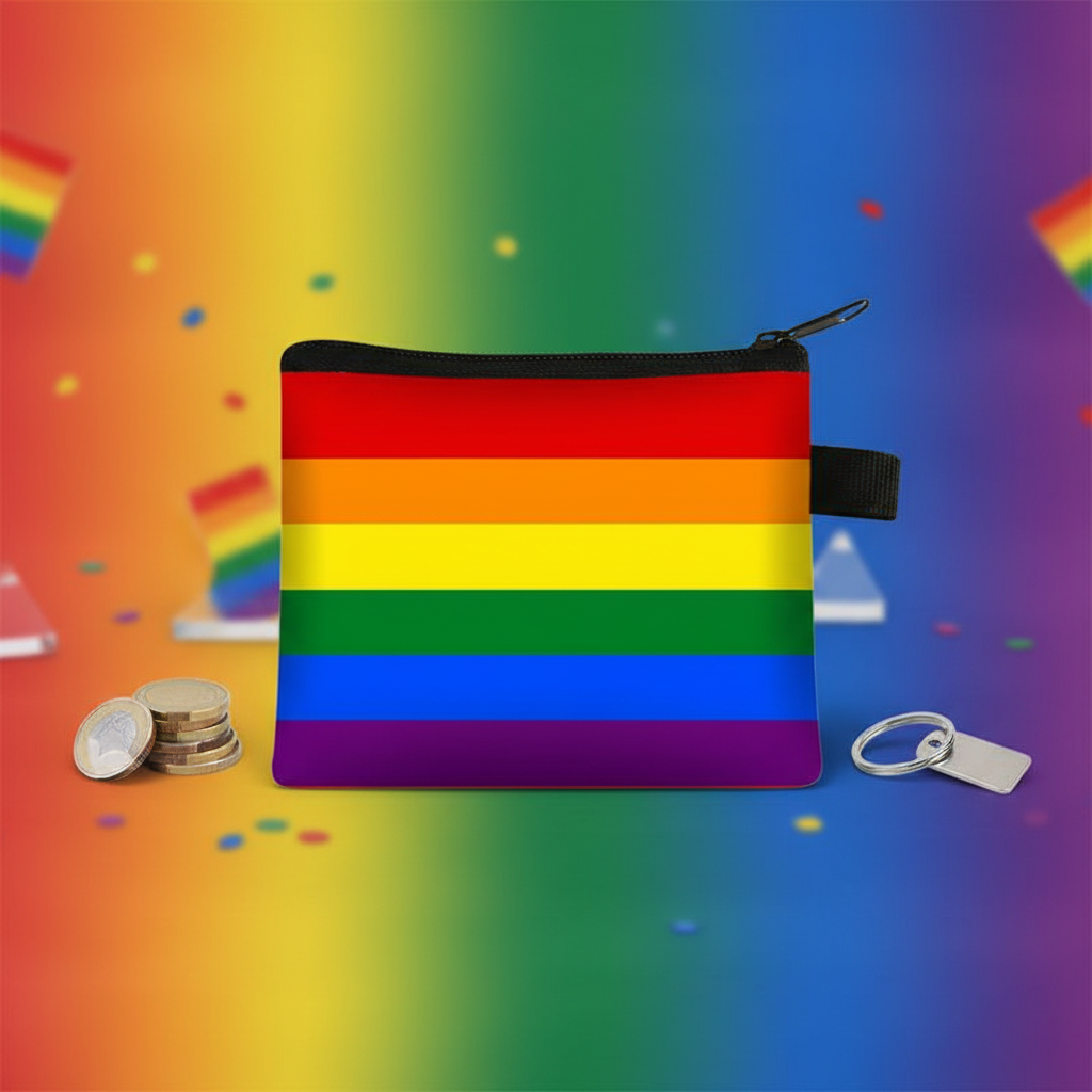 Rainbow Pride coin purse with black zipper and wrist strap, shown with coins and key ring