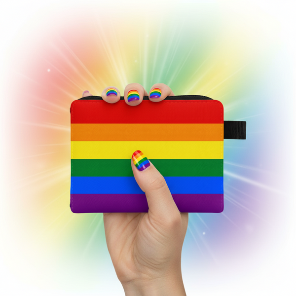 Rainbow Pride coin purse held in a hand, with a black zipper and side loop