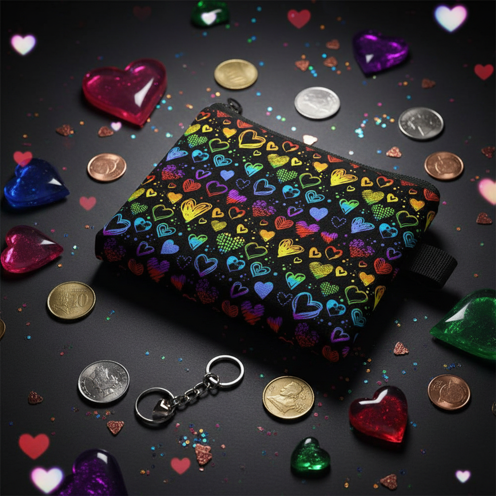 Black heart-pattern coin purse with rainbow-colored hearts, key ring, coins, and heart-shaped decorations