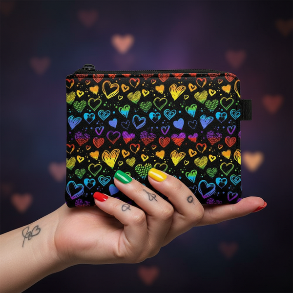 Hand holding a black coin purse with a rainbow heart pattern and zipper