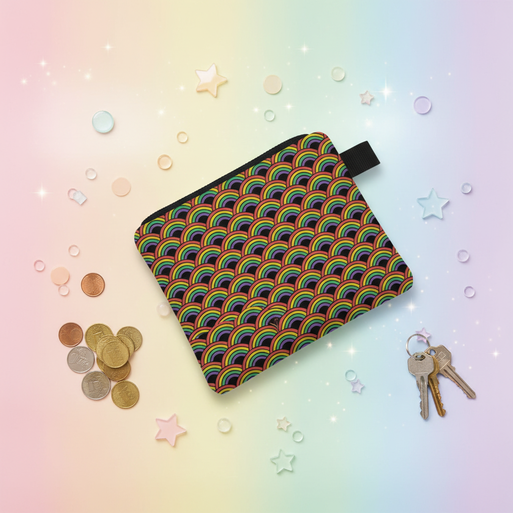 Rainbow-patterned coin purse with black trim and wrist strap, surrounded by coins and keys