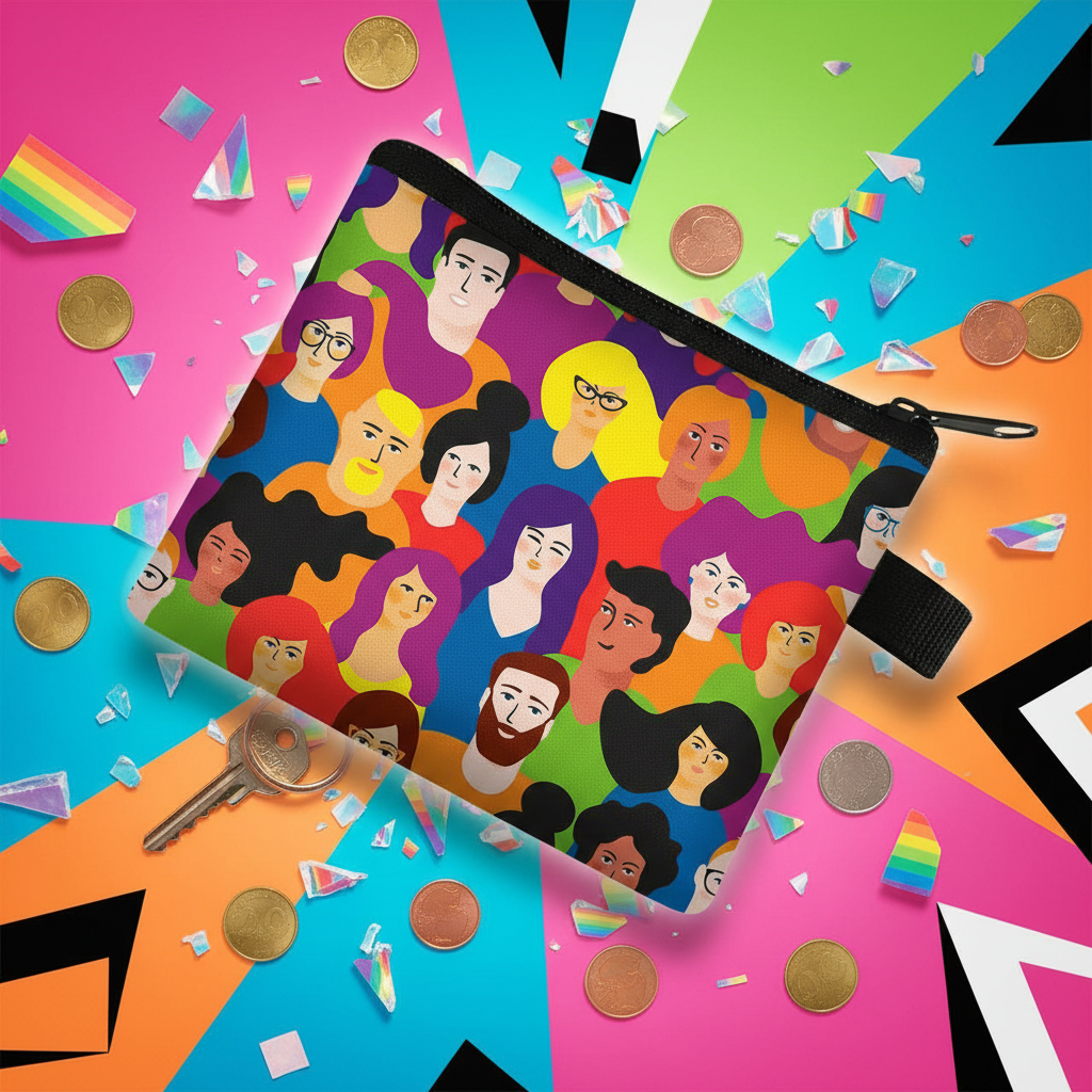 Close-up of a rainbow crowd change purse with black zipper and wrist strap