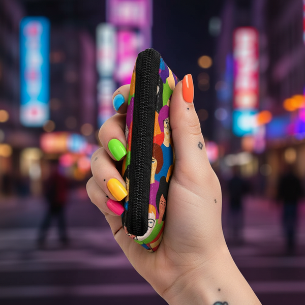 Hand holding a colorful illustrated change purse with a black zipper in a neon-lit setting