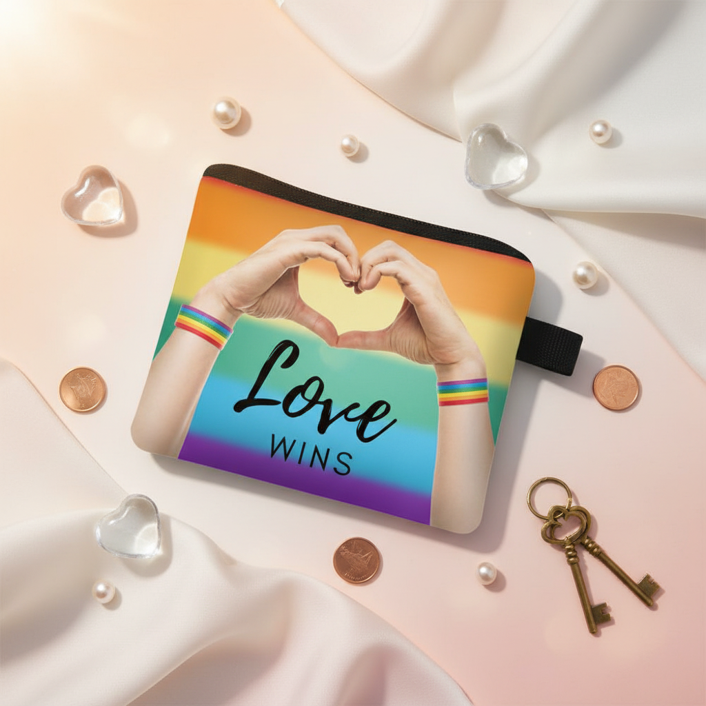 Rainbow Love Wins change purse with heart-shaped hands and black zipper