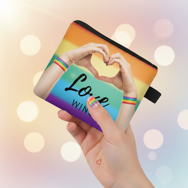 Rainbow Pride change purse with “Love Wins” lettering, held in one hand