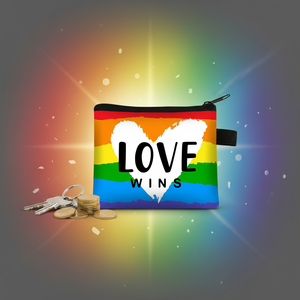 Rainbow Pride coin purse with white heart and “LOVE WINS” lettering, shown with keys and coins