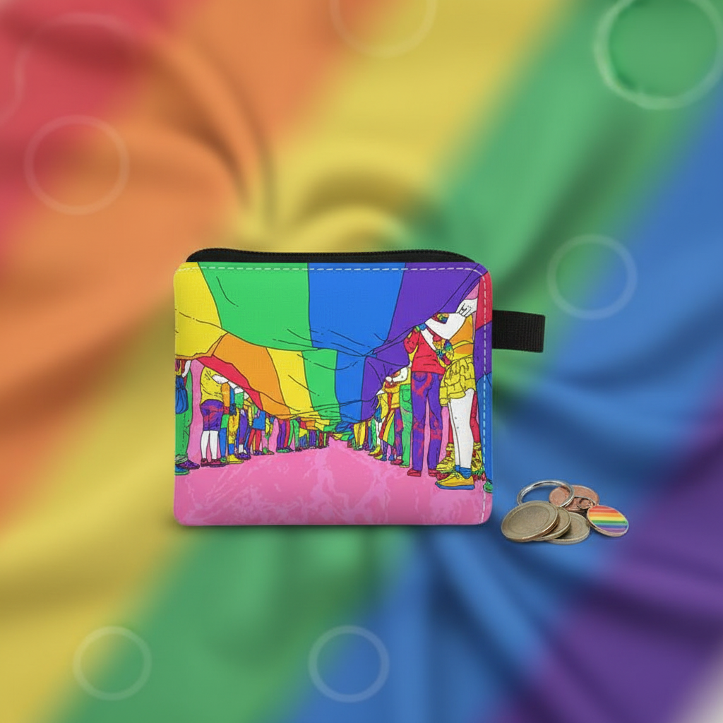 Rainbow Pride change purse with a colorful parade illustration, zipper top, and coins beside it