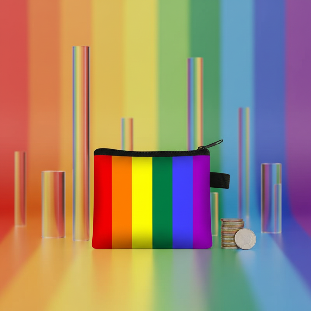 Rainbow Pride striped coin purse with black zipper, shown beside stacked coins
