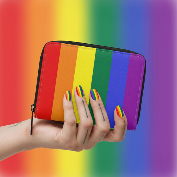 Hand holding a rainbow-striped rectangular zippered change purse