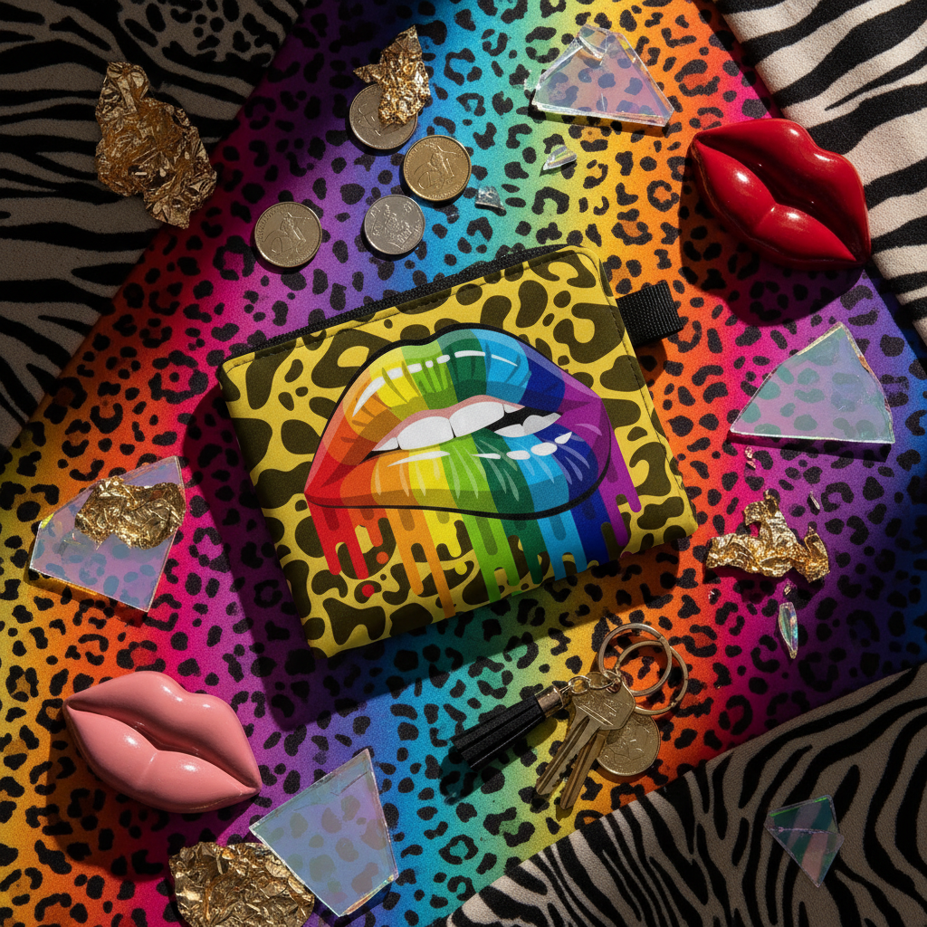 Leopard-print coin purse with rainbow dripping lips design, shown with coins and keys