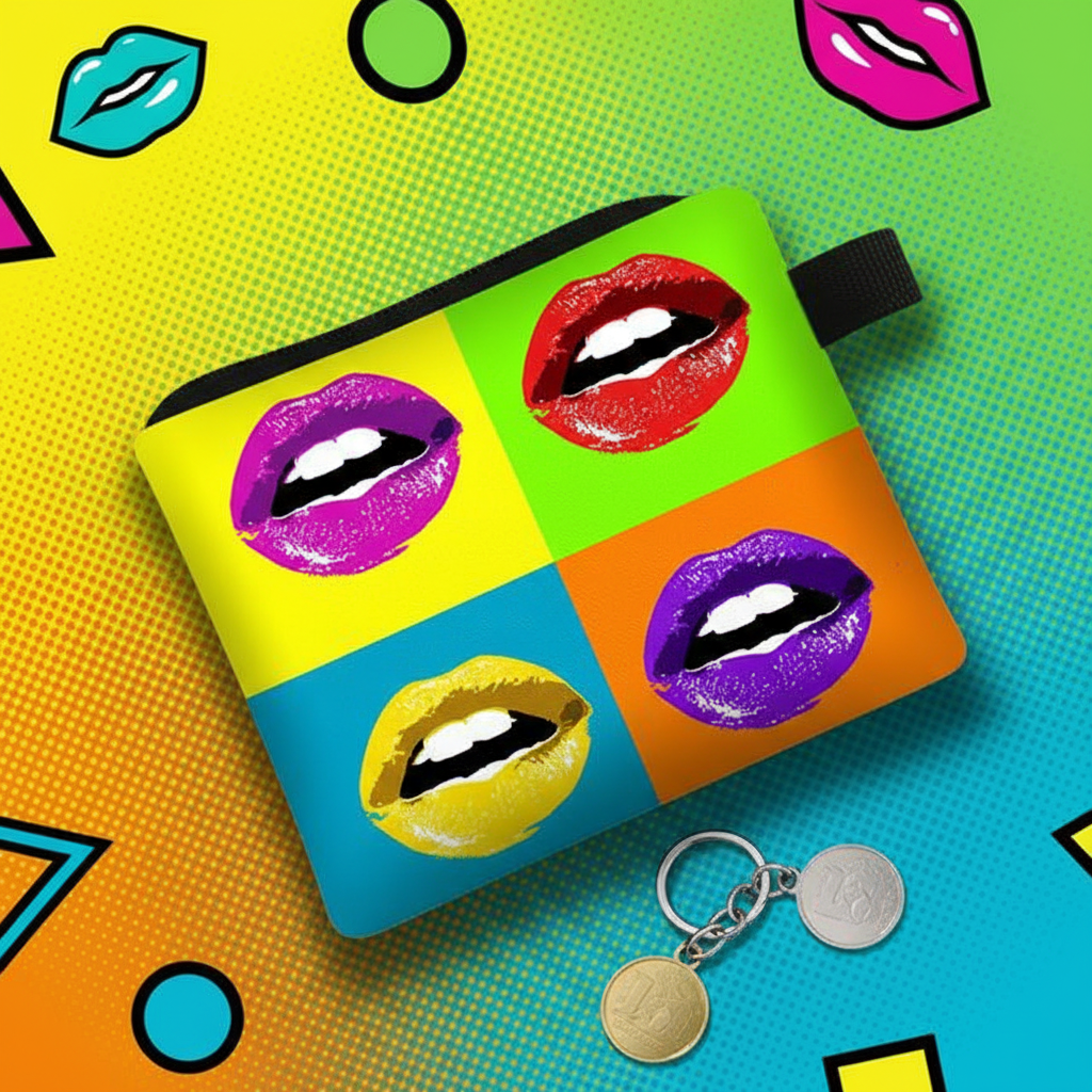Pop art lips coin purse with four colorful lip designs and key rings beside it