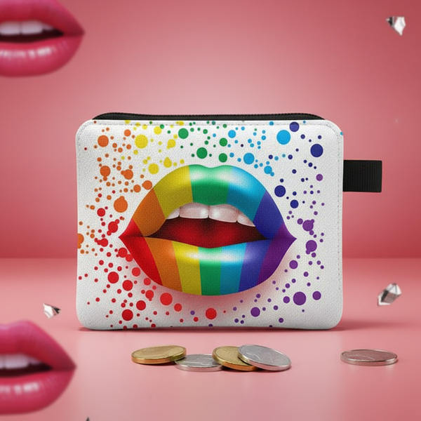 White rainbow lips coin purse with colorful splatter print, coins, and pink lips in the background