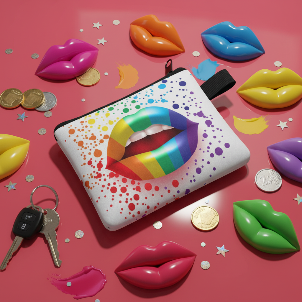 Rainbow lips coin purse with colorful dotted print, shown with coins and keys