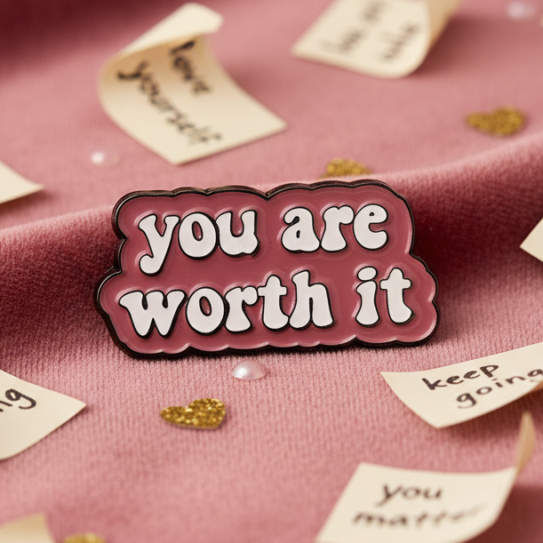 You Are Worth It Enamel Pin on a pink fabric with affirmations and gold heart confetti, celebrating empowerment and pride. A joyful reminder of self-worth from Queer In The World: The Shop.