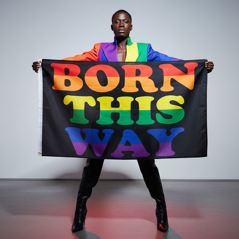 Person in a rainbow jacket holds the Born This Way Pride Flag, displaying its vibrant rainbow-gradient lettering on a black background. The flag, made of SuperTex, symbolizes empowerment and queer pride.