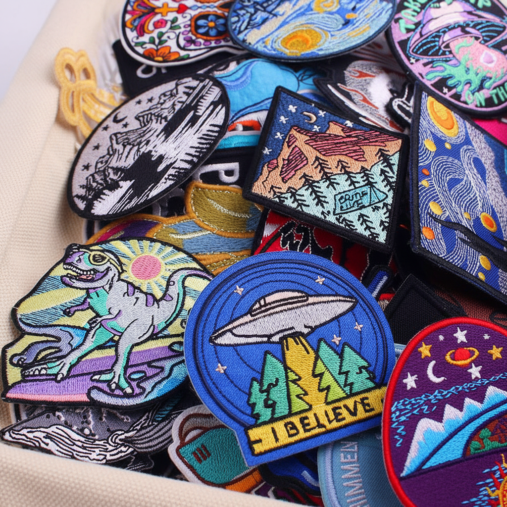 Set of 30 vibrant iron-on embroidered patches—dinosaurs, UFOs, stars, planets, more—packed in a cute beige fabric pouch.