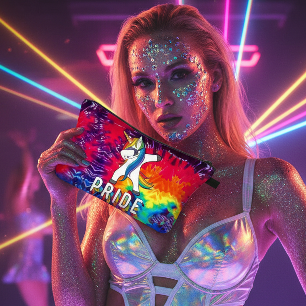 Rainbow unicorn PRIDE cosmetic pouch held by a glittered model at a neon rave