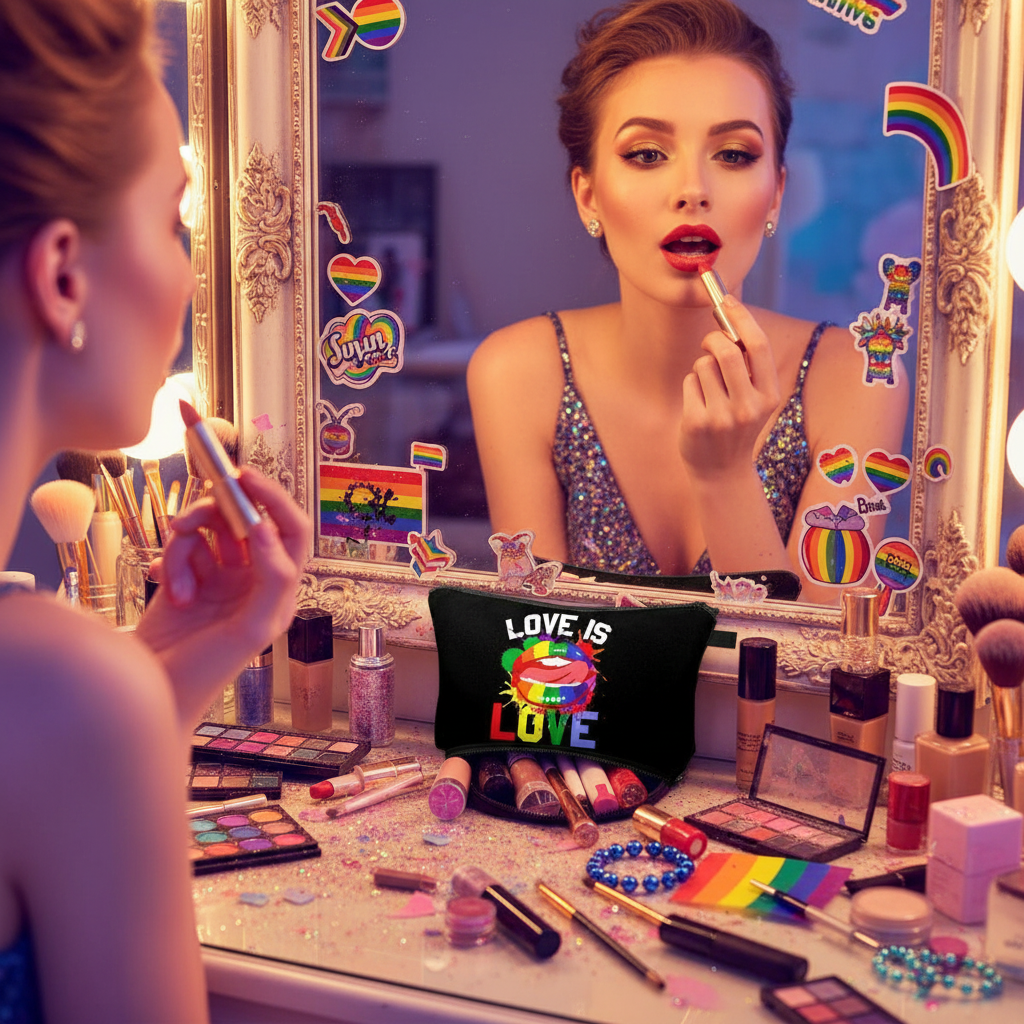 Black Pride lips makeup pouch reading “LOVE IS LOVE” on a makeup vanity