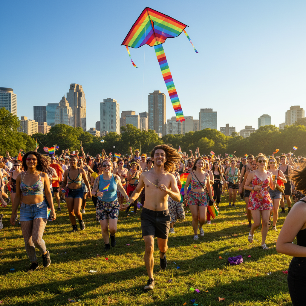 Rainbow Pride kite with long striped tail flying above a city Pride festival
