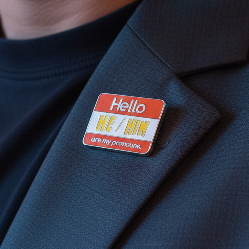 Hello He/Him Are My Pronouns enamel pin on a dark jacket lapel