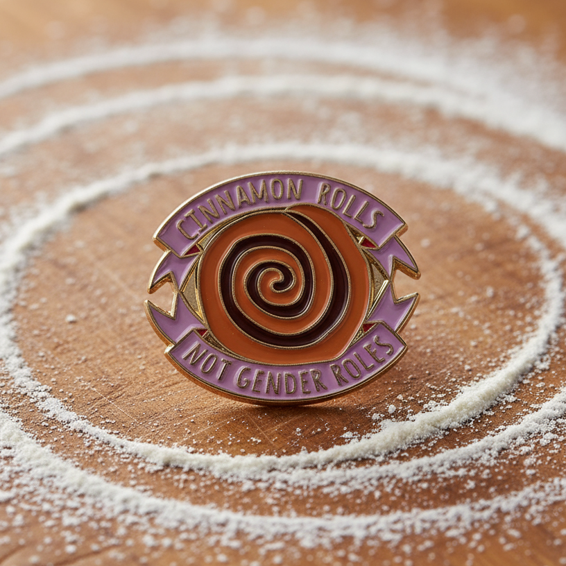Cinnamon Rolls Not Gender Roles Enamel Pin: An oval enamel pin featuring a stylized cinnamon-roll spiral, bordered by a bold pink ribbon with empowering slogans. Perfect for expressing pride and self-expression.