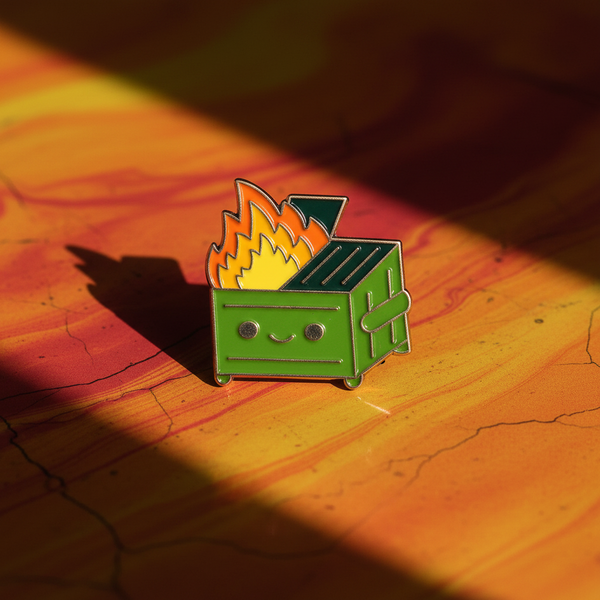 Close-up of a green dumpster-fire enamel pin with a smiling face and orange-yellow flames