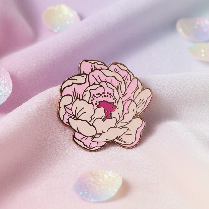 Pastel Flower Blooming Enamel Pin: a pink peony-shaped enamel pin on silky fabric, surrounded by iridescent confetti. Celebrate LGBTQIA+ pride and self-expression with this fierce, empowering accessory.