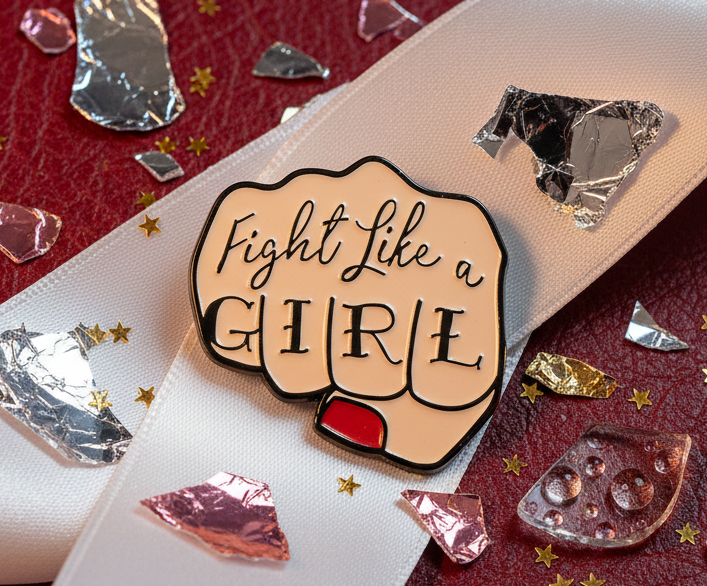 Fight Like A Girl Enamel Pin features a bold clenched fist with painted nails, embossed message on knuckles, resting on a ribbon amid celebratory confetti, embodying fierce queer pride and empowerment.