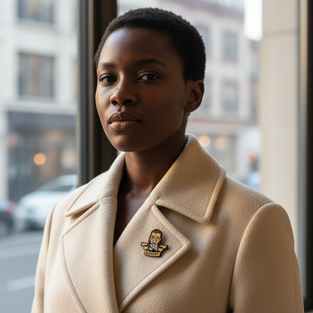 Dissent enamel pin with a cartoon figure and banner, worn on a beige coat lapel