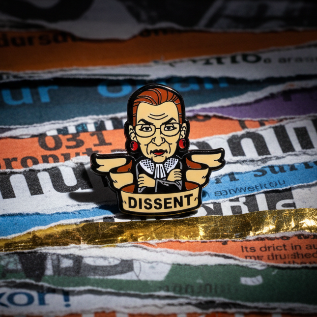 Dissent Enamel Pin features a cartoon jurist with glasses, a lace dissent collar, red earrings, and crossed arms, embodying fierce pride. Banner reads “DISSENT.” Perfect for bold self-expression and LGBTQIA+ visibility.