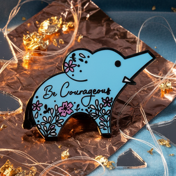 Blue bird-shaped enamel pin reading “Be Courageous,” decorated with pink and purple flowers