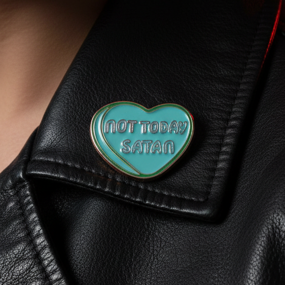 Close-up of a turquoise heart-shaped enamel pin reading “NOT TODAY SATAN” on black faux leather