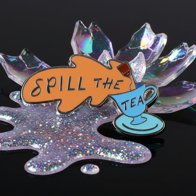Close-up of an orange and blue enamel pin reading “SPILL THE TEA” on glittery spilled-tea shapes
