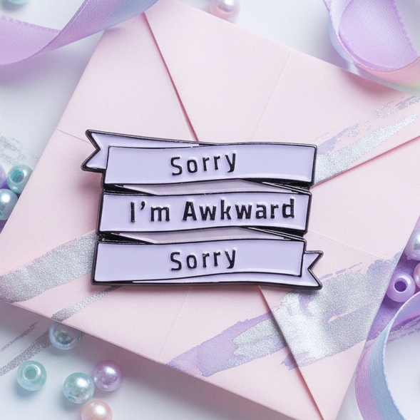 Close-up of a lavender enamel pin reading “Sorry I’m Awkward Sorry”