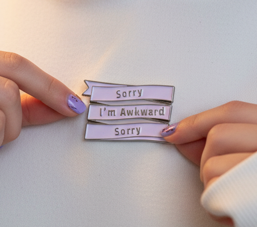Light-colored hoodie-clad individual holds 'Sorry I'm Awkward Sorry' enamel pin, embodying queer pride and self-expression with lavender-painted nails, celebrating empowerment through vibrant, inclusive LGBTQIA+ visibility from Queer In The World store.
