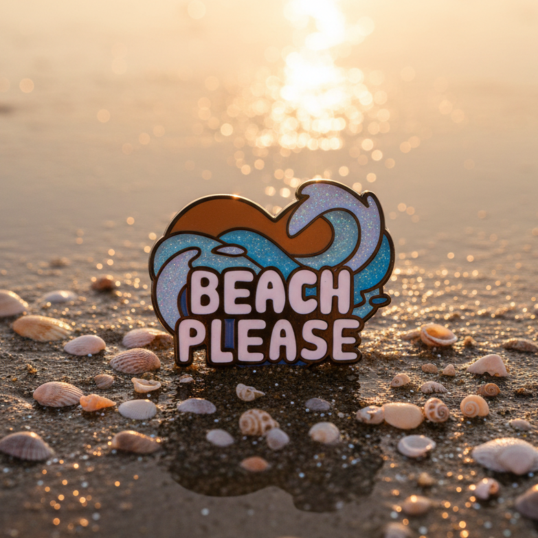 Close-up of a colorful BEACH PLEASE enamel pin on a shell-strewn beach at sunset