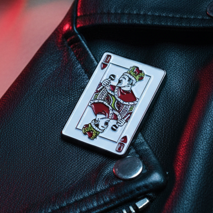 Queen Freddie enamel pin styled on a black leather jacket