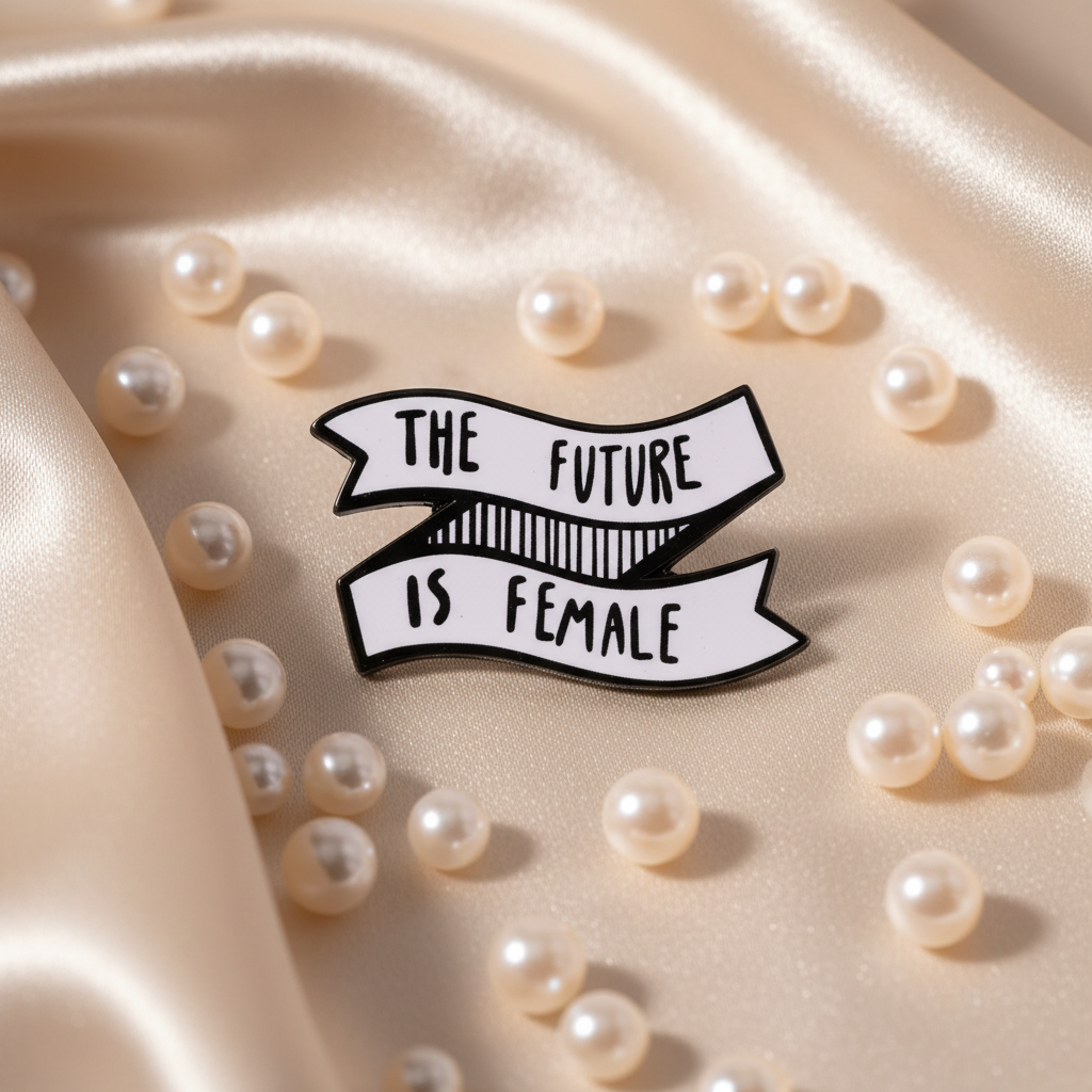 White enamel pin reading “THE FUTURE IS FEMALE” on satin among pearl beads