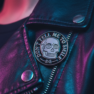 “DON’T TELL ME TO SMILE” skull enamel pin on a black jacket