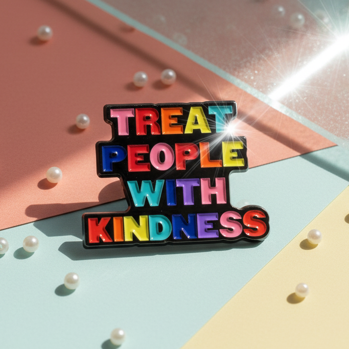 “TREAT PEOPLE WITH KINDNESS” rainbow enamel pin on pastel geometric background