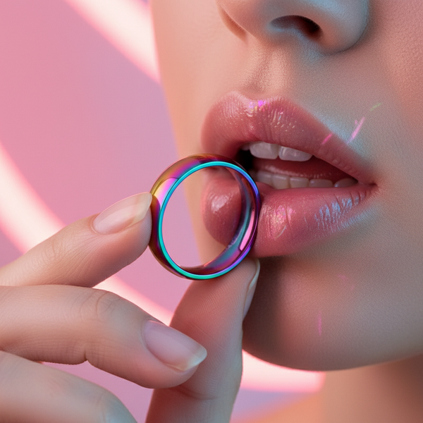 Chromatic Pride Ring held between glossed lips and fingers, showcasing its rainbow metallic sheen against a neon-lit background, embodying LGBTQIA+ pride and self-expression.