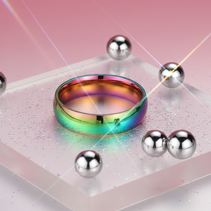 Chromatic Pride Ring with a rainbow oil slick finish on a clear acrylic block, surrounded by polished silver spheres and glitter, reflecting Queer In The World's vibrant, empowering LGBTQIA+ pride and self-expression.